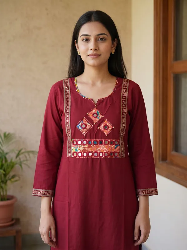 Pure_Cotton_Maroon_Embroidered_Straight_Kurti_set