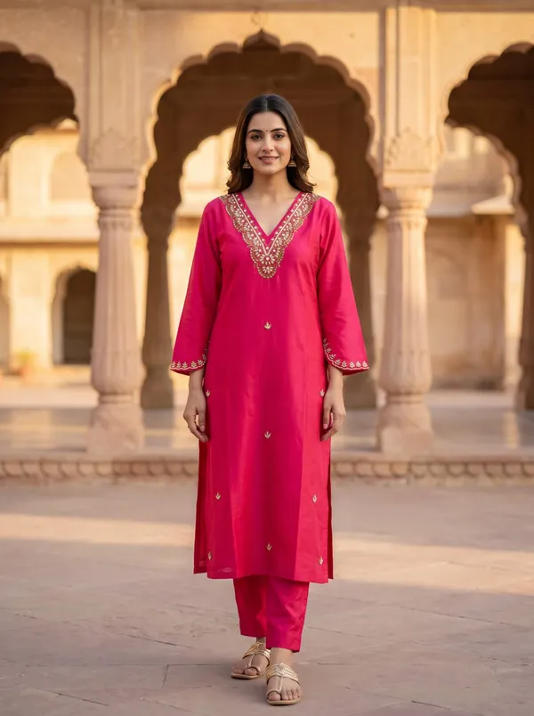 Rayon_Embroidered_Rani_Pink_Kurti_Set