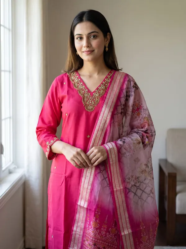 Rayon_Embroidered_Rani_Pink_Kurti_Set