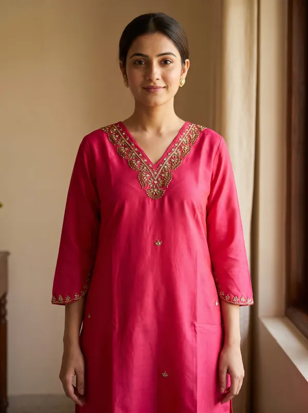 Rayon_Embroidered_Rani_Pink_Kurti_Set