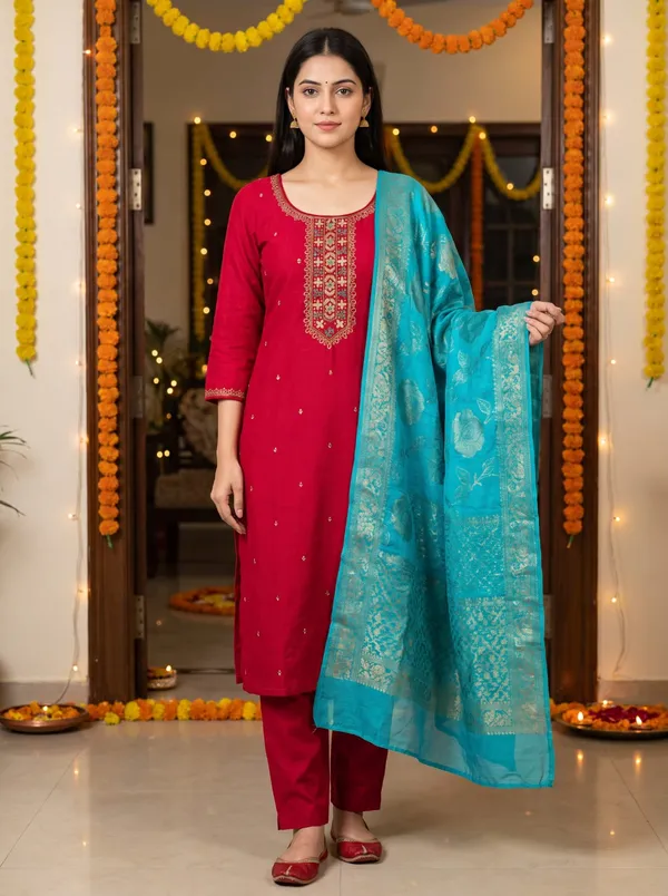 Viscose_Embroidered_Magenta_Kurti_Set