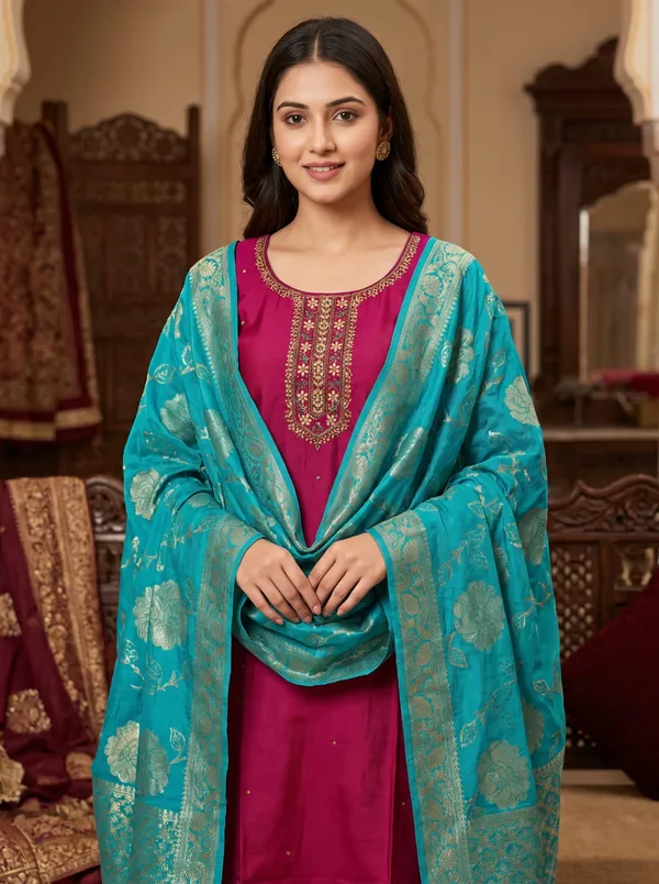 Viscose_Embroidered_Magenta_Kurti_Set