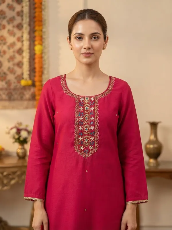 Viscose_Embroidered_Magenta_Kurti_Set