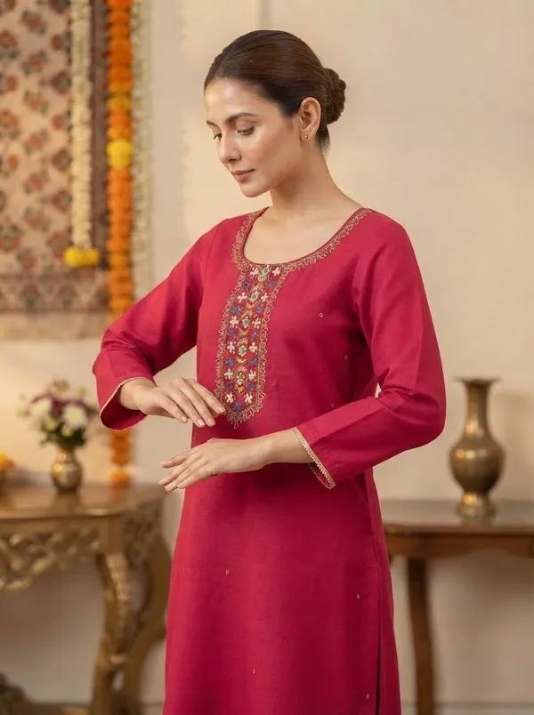 Viscose_Embroidered_Magenta_Kurti_Set