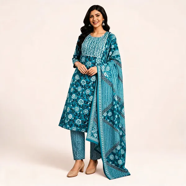 Teal_Printed_Ethnic_Kurta_Set_For_Women