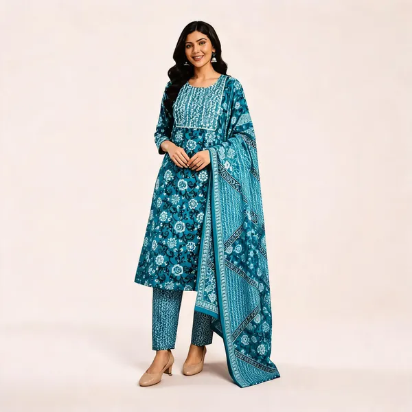 Teal_Printed_Ethnic_Kurta_Set_For_Women