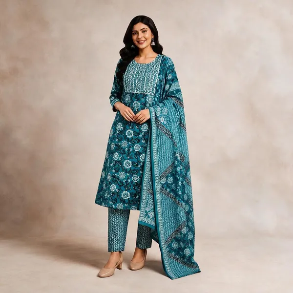 Teal_Printed_Ethnic_Kurta_Set_For_Women