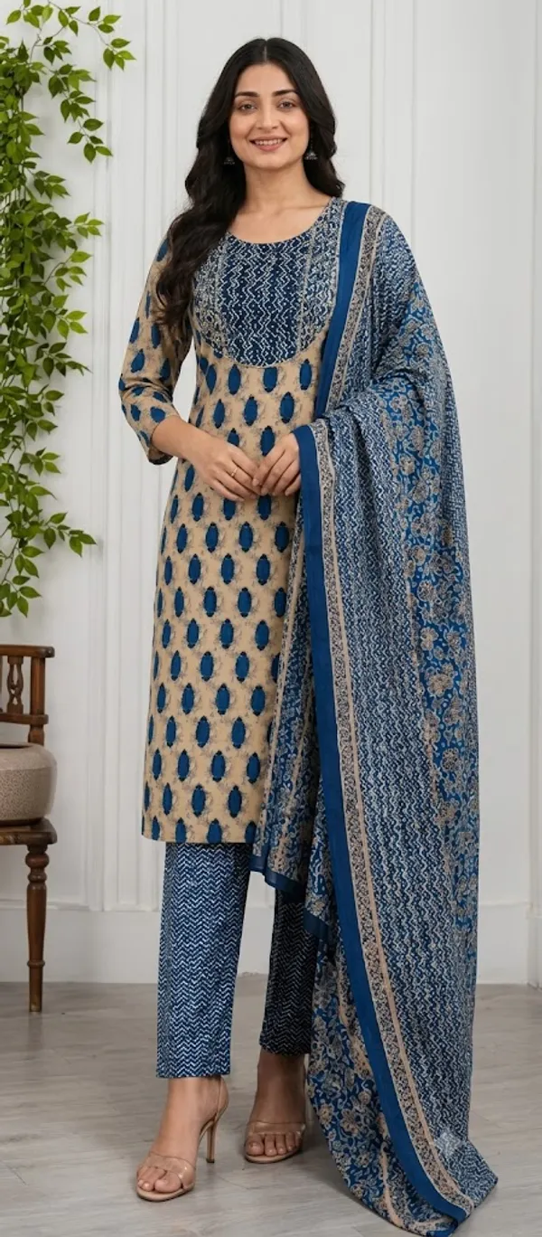 Blue_And_Peach_Cotton_Kurta_Set_For_Women