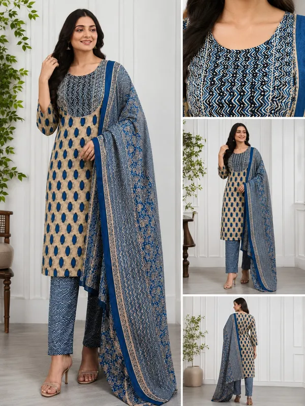 Blue_And_Peach_Cotton_Kurta_Set_For_Women