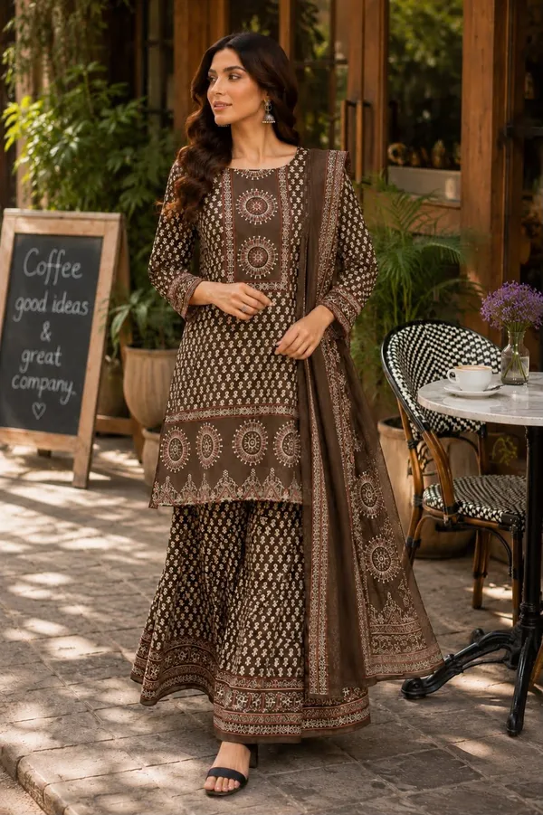 Brown_Rayon_Straight_Kurta_Palazzo_Dupatta_Set_For_Women