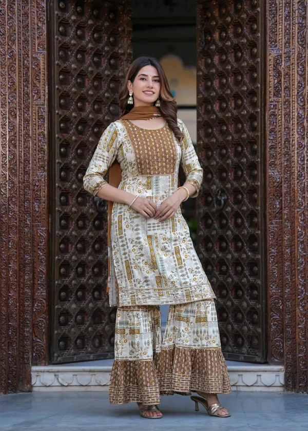 White_Brown_Rayon_Straight_Kurta_Palazzo_Dupatta_Set_For_Women