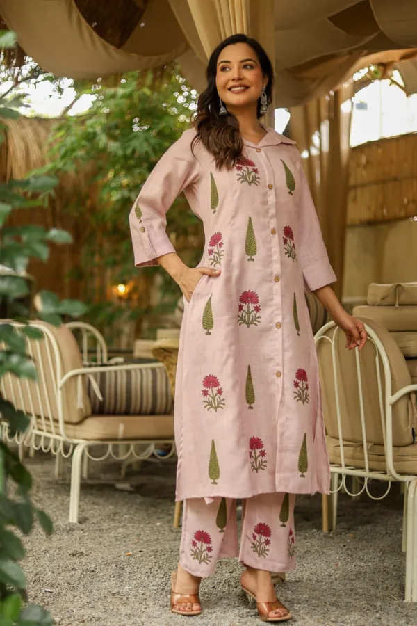 Peach_Cotton_Linen_Straight_Printed_Kurta_Set_For_Women