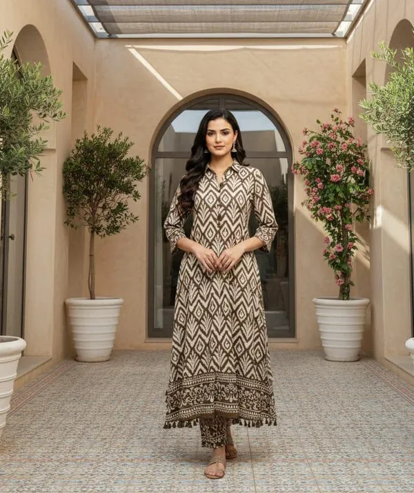 Beige_Cotton-Silk_Flared_Geometric_Printed_Kurta_Pant_Set_For_Women