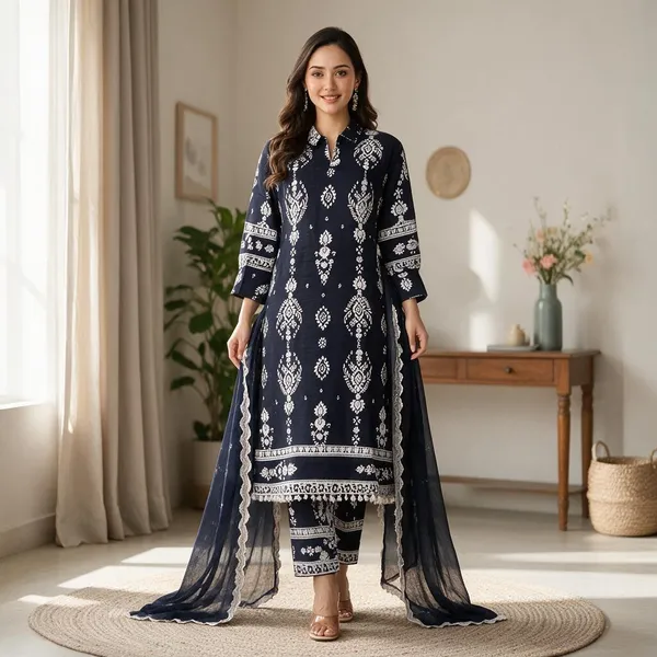 Navy_Blue_Cotton_Pearl_Silk_Straight_Kurta_Set_For_Women