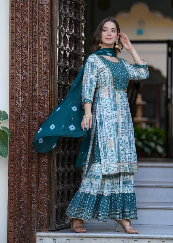 Teal_Rayon_Printed_Kurta_Sharara_Dupatta_Set_For_Women