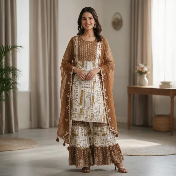 White_Brown_Rayon_Straight_Kurta_Palazzo_Dupatta_Set_For_Women