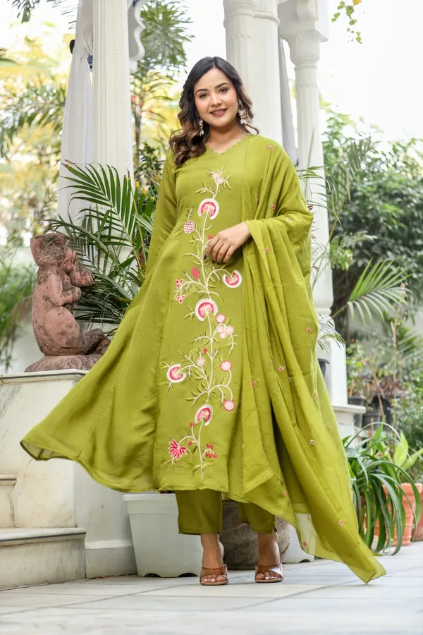 Olive_Green_Mal_Chanderi_Flared_Anarkali_Suit_Set_For_Women