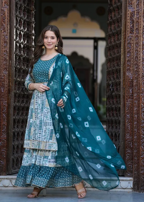 Teal_Rayon_Printed_Kurta_Sharara_Dupatta_Set_For_Women