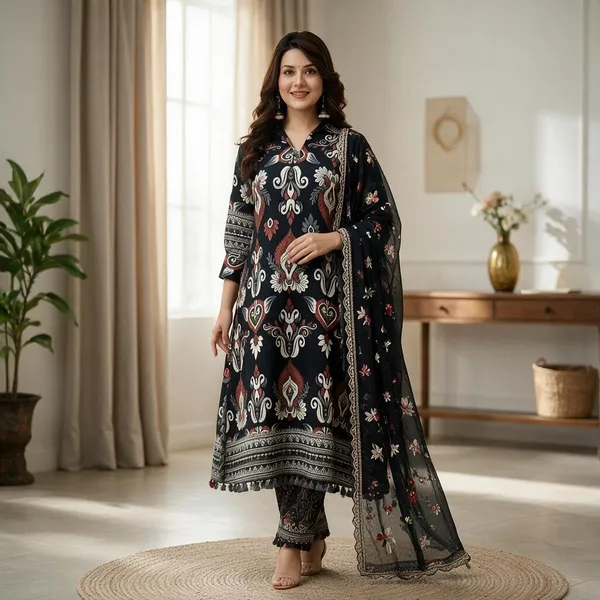 Black_Cotton-Silk_Straight_Floral_Printed_Kurta_Set_For_Women