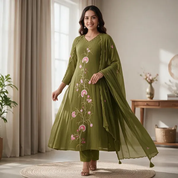Dark_Green_Mal_Chanderi_Flared_Anarkali_Set_For_Women