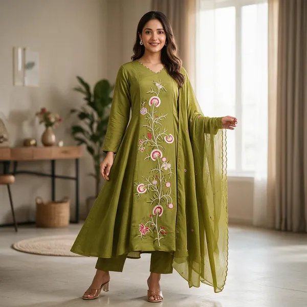 Olive_Green_Mal_Chanderi_Flared_Anarkali_Suit_Set_For_Women