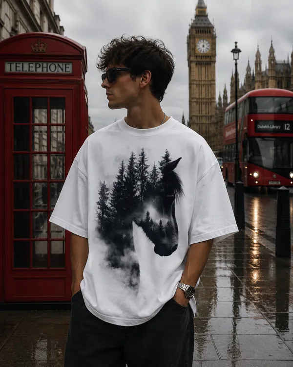 White_Cotton_Oversized_Horse_Forest_Graphic_T-Shirt_For_Men