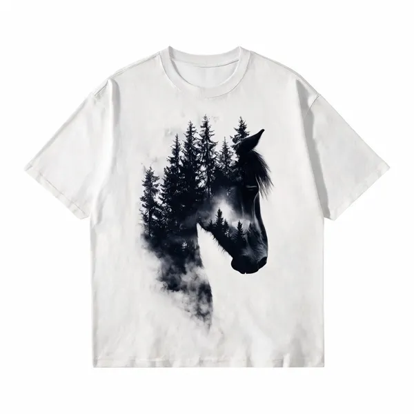 White_Cotton_Oversized_Horse_Forest_Graphic_T-Shirt_For_Men
