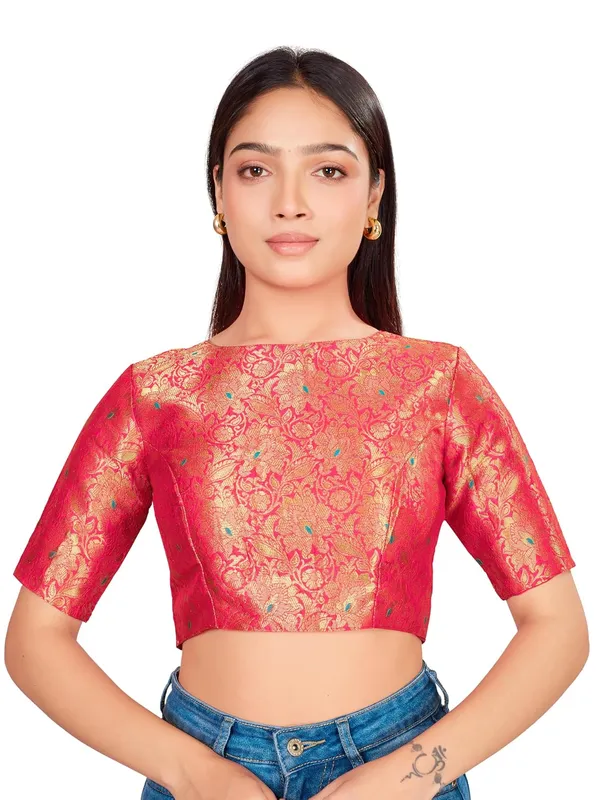 Brocade_Sweetheart_Neck_Elbow_Sleeve_Readymade_Saree_Blouse_For_Women