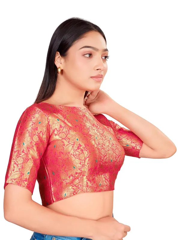 Brocade_Sweetheart_Neck_Elbow_Sleeve_Readymade_Saree_Blouse_For_Women