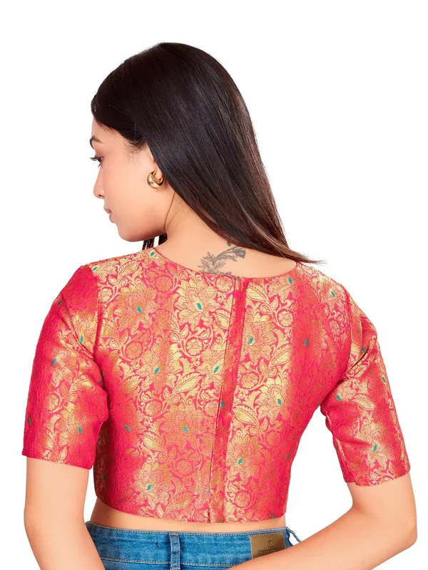 Brocade_Sweetheart_Neck_Elbow_Sleeve_Readymade_Saree_Blouse_For_Women