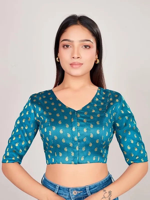 Blue_V_Neck_Printed_Blouse_with_3/4_Sleeves_for_Saree_Wear_For_Women