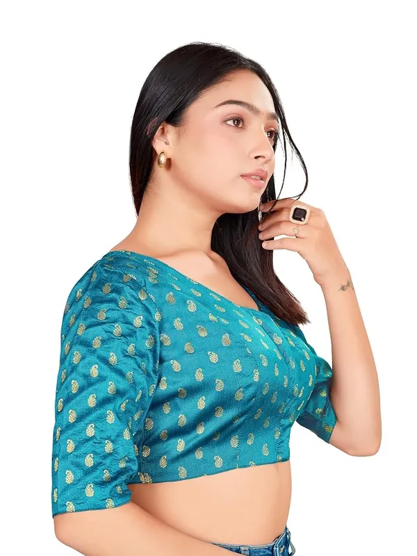 Blue_V_Neck_Printed_Blouse_with_3/4_Sleeves_for_Saree_Wear_For_Women