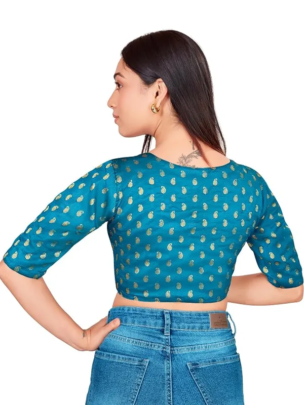 Blue_V_Neck_Printed_Blouse_with_3/4_Sleeves_for_Saree_Wear_For_Women