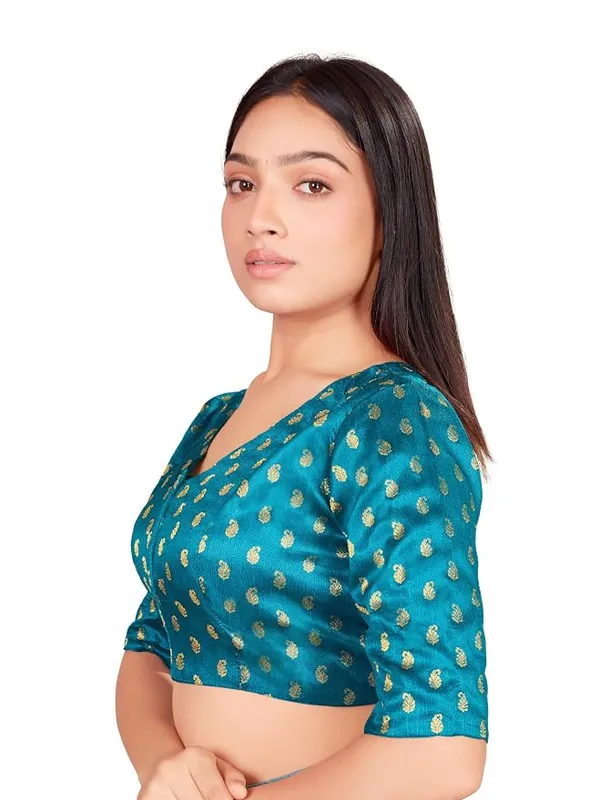 Blue_V_Neck_Printed_Blouse_with_3/4_Sleeves_for_Saree_Wear_For_Women