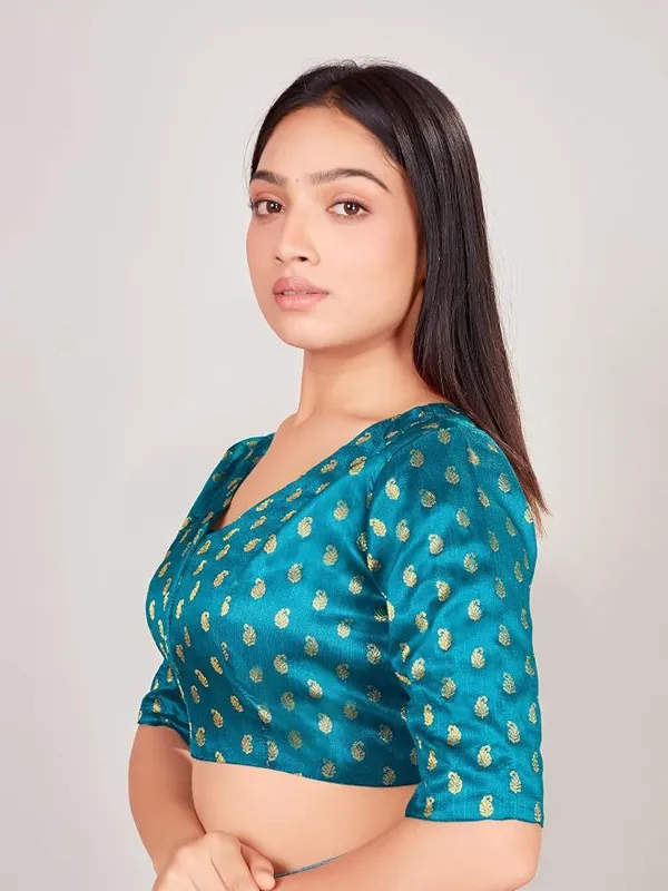 Blue_V_Neck_Printed_Blouse_with_3/4_Sleeves_for_Saree_Wear_For_Women