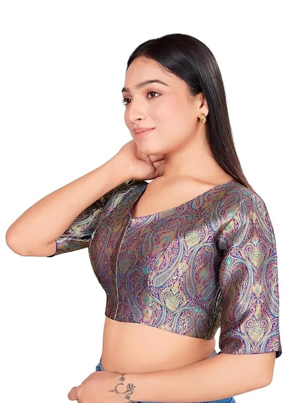 Printed_V_Neck_Blouse_with_Elbow_Sleeves_for_Saree_Ethnic_Wear_For_Women