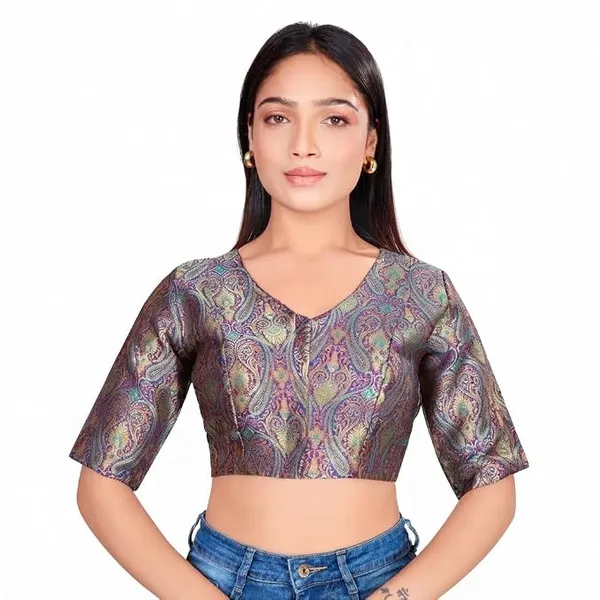 Printed_V_Neck_Blouse_with_Elbow_Sleeves_for_Saree_Ethnic_Wear_For_Women
