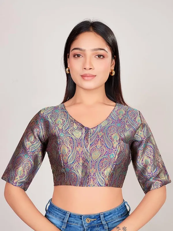 Printed_V_Neck_Blouse_with_Elbow_Sleeves_for_Saree_Ethnic_Wear_For_Women