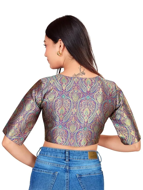 Printed_V_Neck_Blouse_with_Elbow_Sleeves_for_Saree_Ethnic_Wear_For_Women