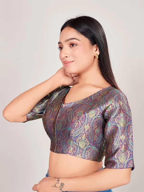 Printed_V_Neck_Blouse_with_Elbow_Sleeves_for_Saree_Ethnic_Wear_For_Women