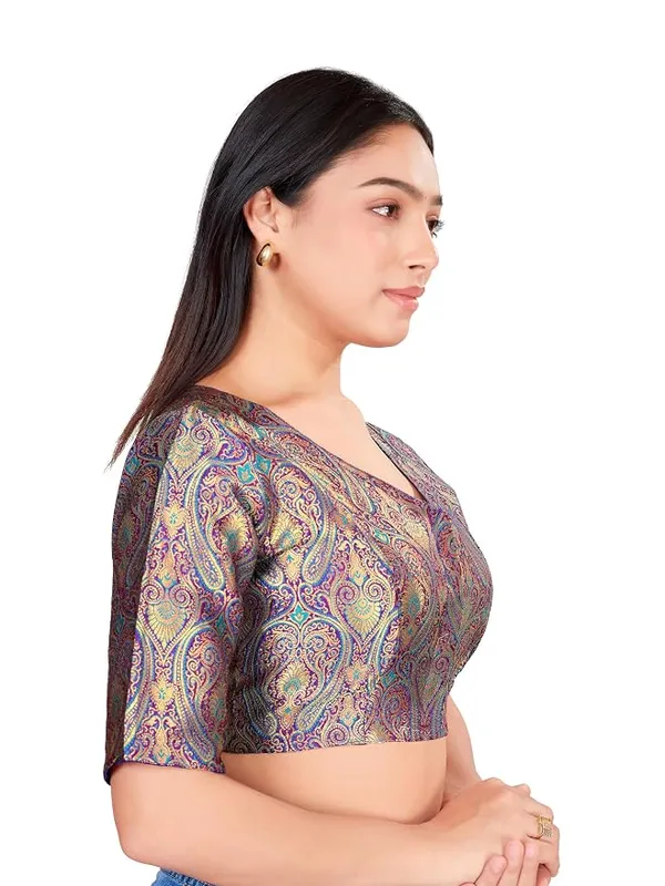 Printed_V_Neck_Blouse_with_Elbow_Sleeves_for_Saree_Ethnic_Wear_For_Women