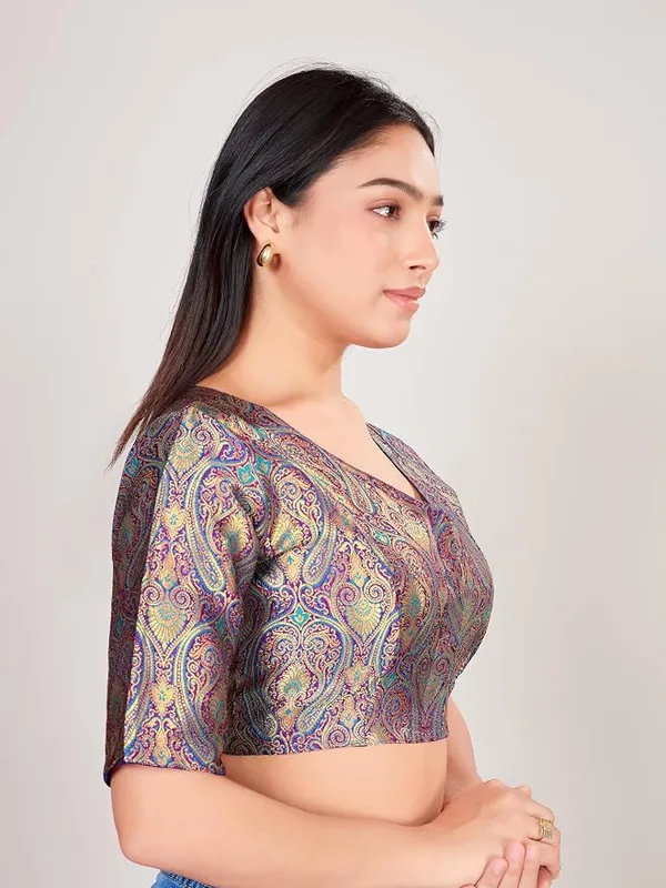 Printed_V_Neck_Blouse_with_Elbow_Sleeves_for_Saree_Ethnic_Wear_For_Women
