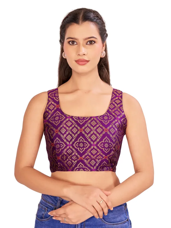 Wine_Brocade_Sleeveless_Saree_Blouse_for_Women
