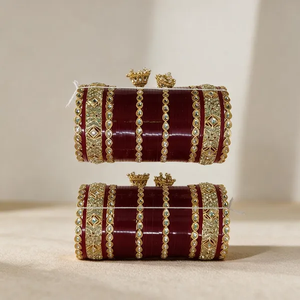 Maroon_Gold_Acrylic_Metal_Floral_Embellished_Bridal_Chooda_For_Women
