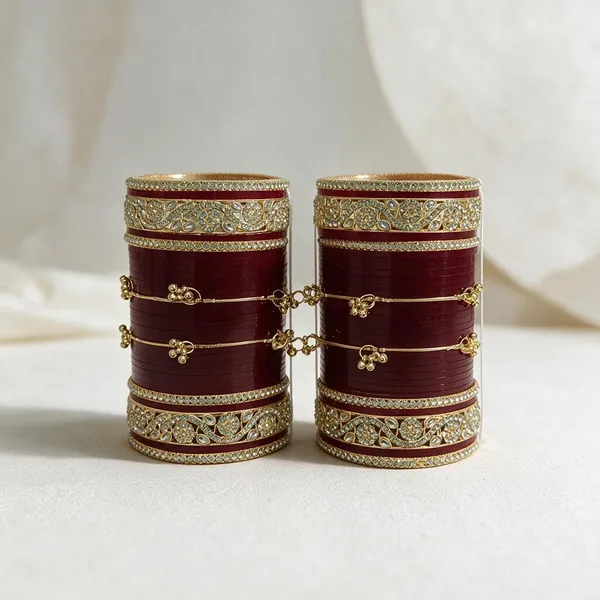Maroon_Gold_Acrylic_Metal_Floral_Stone_Embellished_Bridal_Chooda_For_Women
