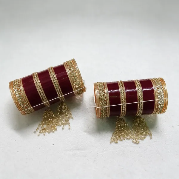 Maroon_Gold_Acrylic_Metal_Band_Embellished_Bridal_Chooda_For_Women