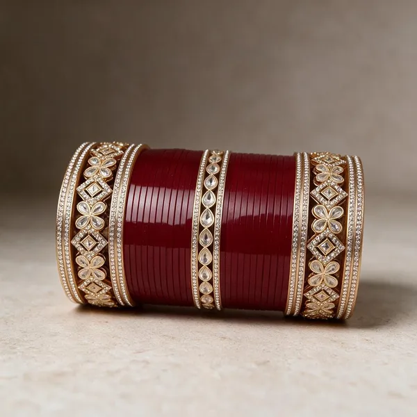 Maroon_Gold_Acrylic_Metal_Floral_Stone_Embellished_Bridal_Chooda_For_Women