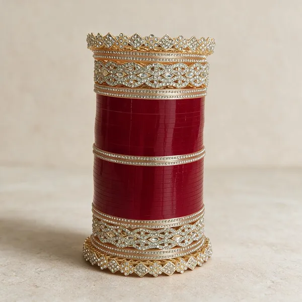 Red_Gold_Acrylic_Metal_Stone_Embellished_Bridal_Bangle_Set_For_Women