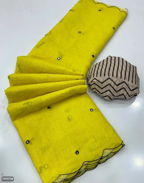 Yellow_&_Black_Soft_Linen_Cotton_Printed_Saree_With_Mirror_Work