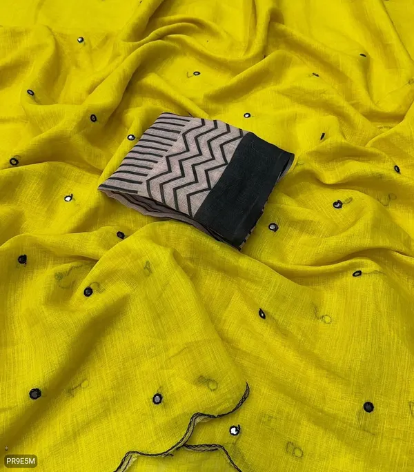 Yellow_&_Black_Soft_Linen_Cotton_Printed_Saree_With_Mirror_Work